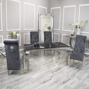 Louis dining Black Glass table and Emma Chairs in England