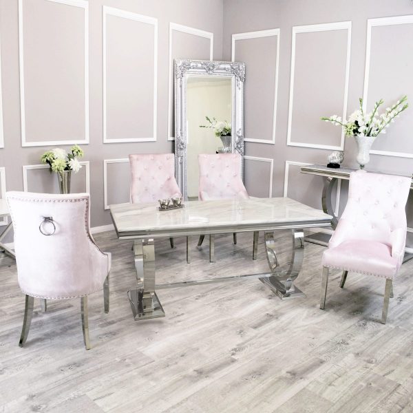 Arianna Dining Set Ivory Smoke Marble Table and Duke Chairs